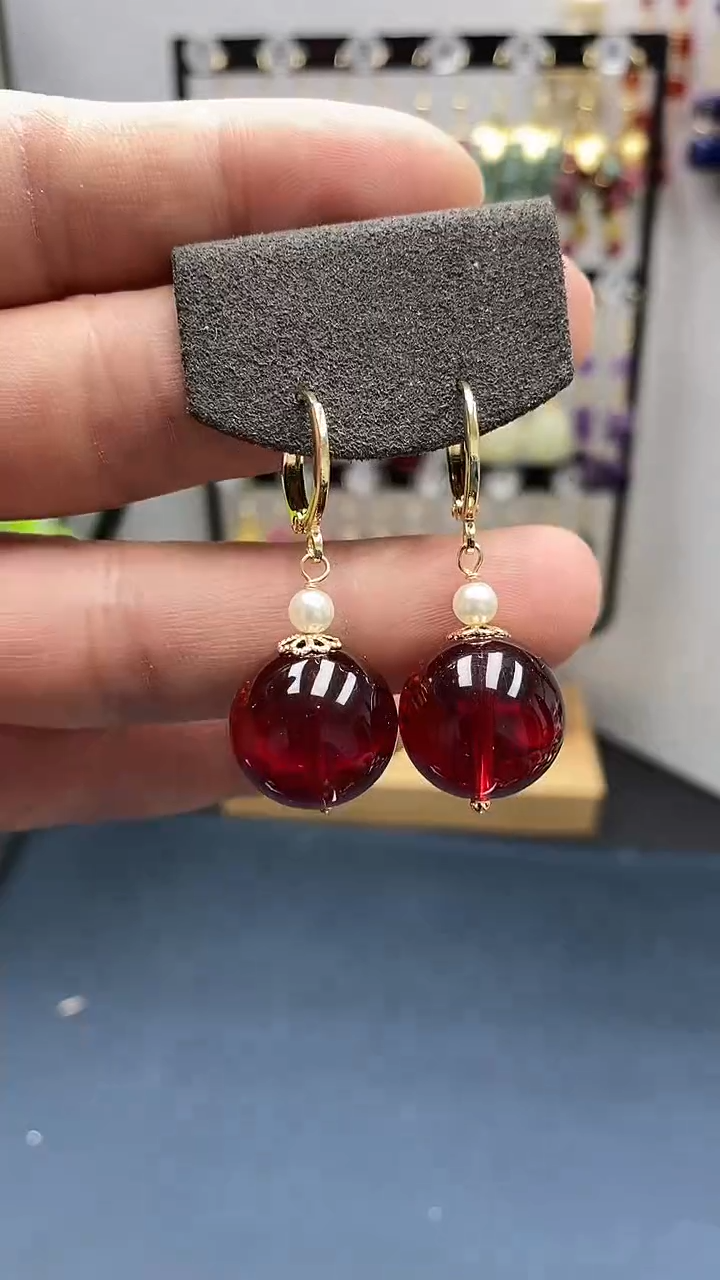 【闪购商品】血珀耳饰银S925镀金镶嵌尺寸16mm耳扣07