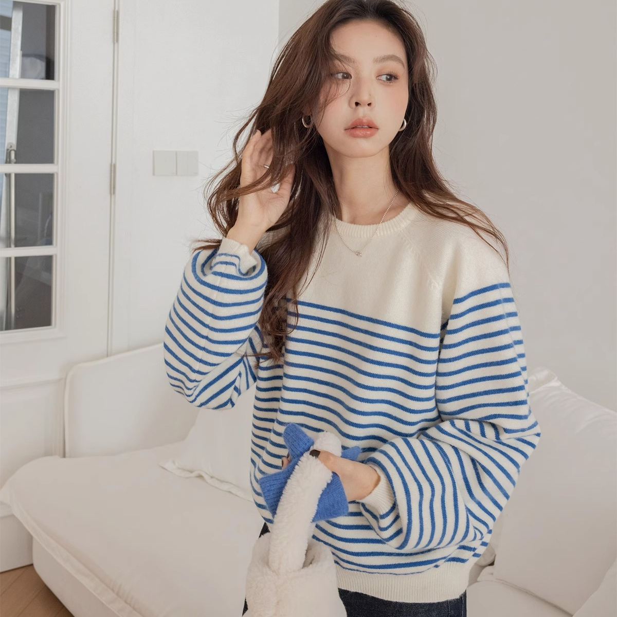 撞色条纹针织毛衣女2025年新款时尚春秋季宽松圆领慵懒高级感上衣