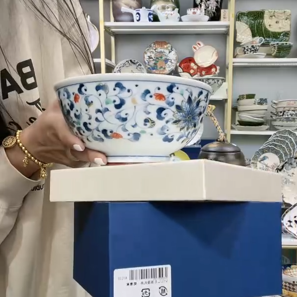 【单支】日本进口和蓝彩绘蓝凛堂面(丼)碗16.5cm-菊唐草