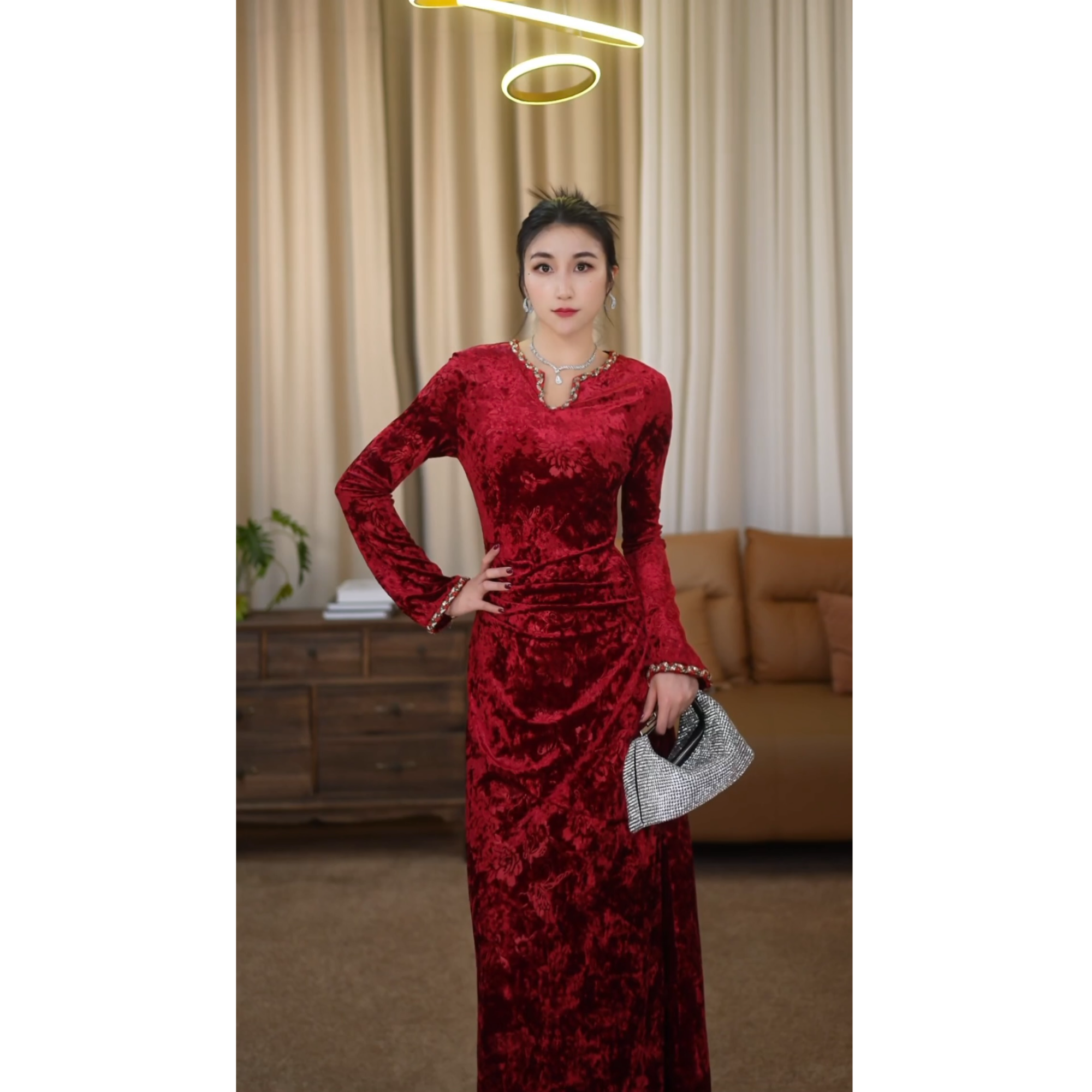 【金穗】殷红花海 法式春款修身收腰显瘦鱼尾红色连衣裙-SW0582