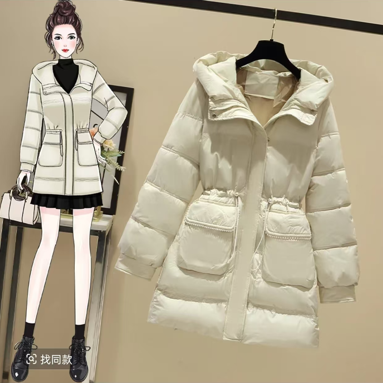 001#中长款连帽收腰棉服女小个子2025年冬装新款小香风外套爆款