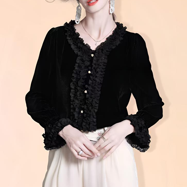 [依易原创]韩系轻熟风通勤休闲长袖上衣显瘦丝绒小衫C0516