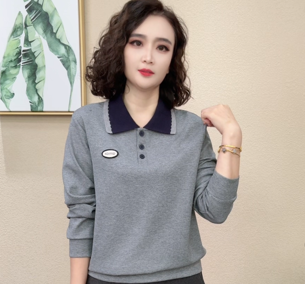 2025秋季新款时尚洋气百搭女士韩版打底衫宽松型翻领长袖T恤#4871
