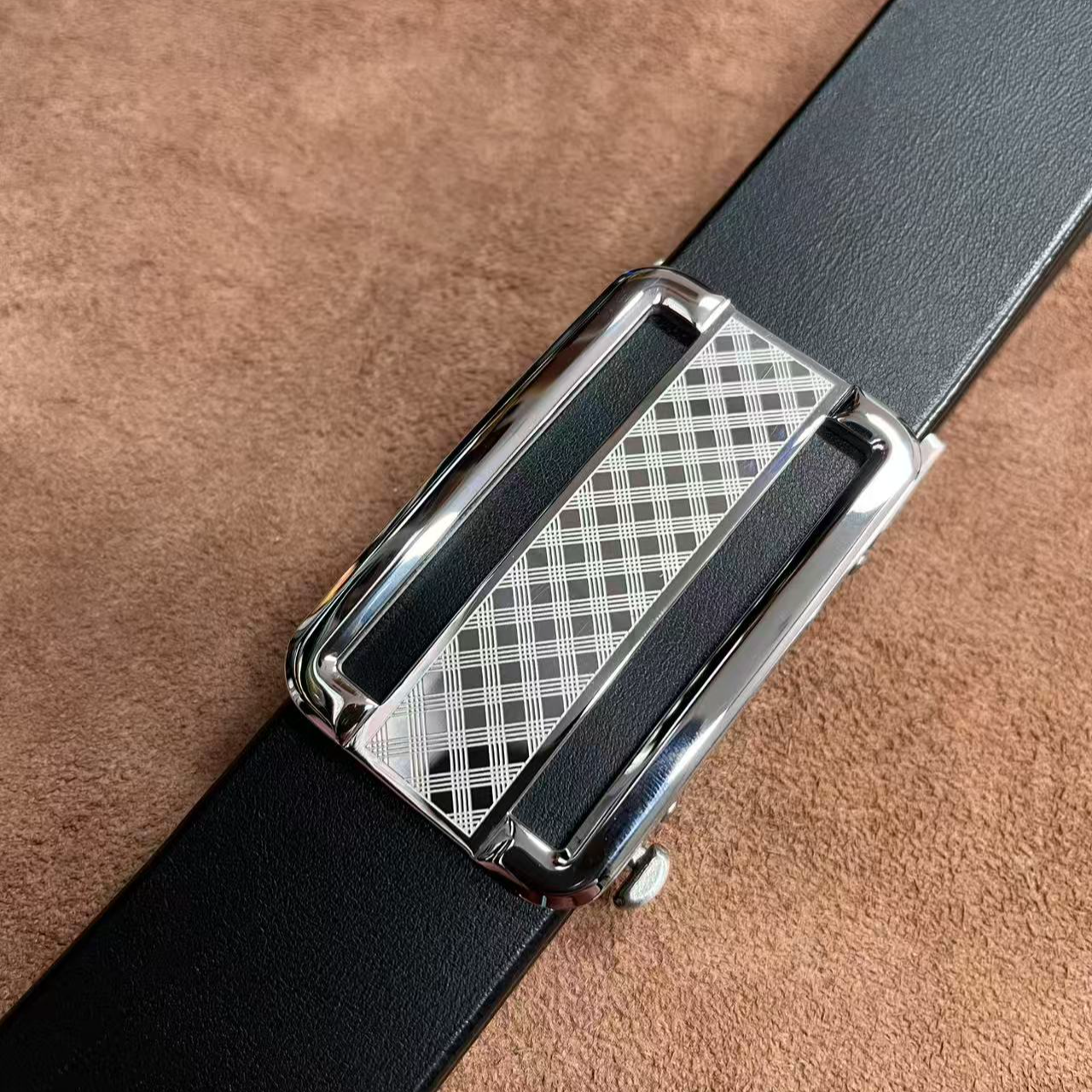 （不锈钢小方格外穿无牙自动扣3.8宽）头层牛皮男士腰带手工皮带