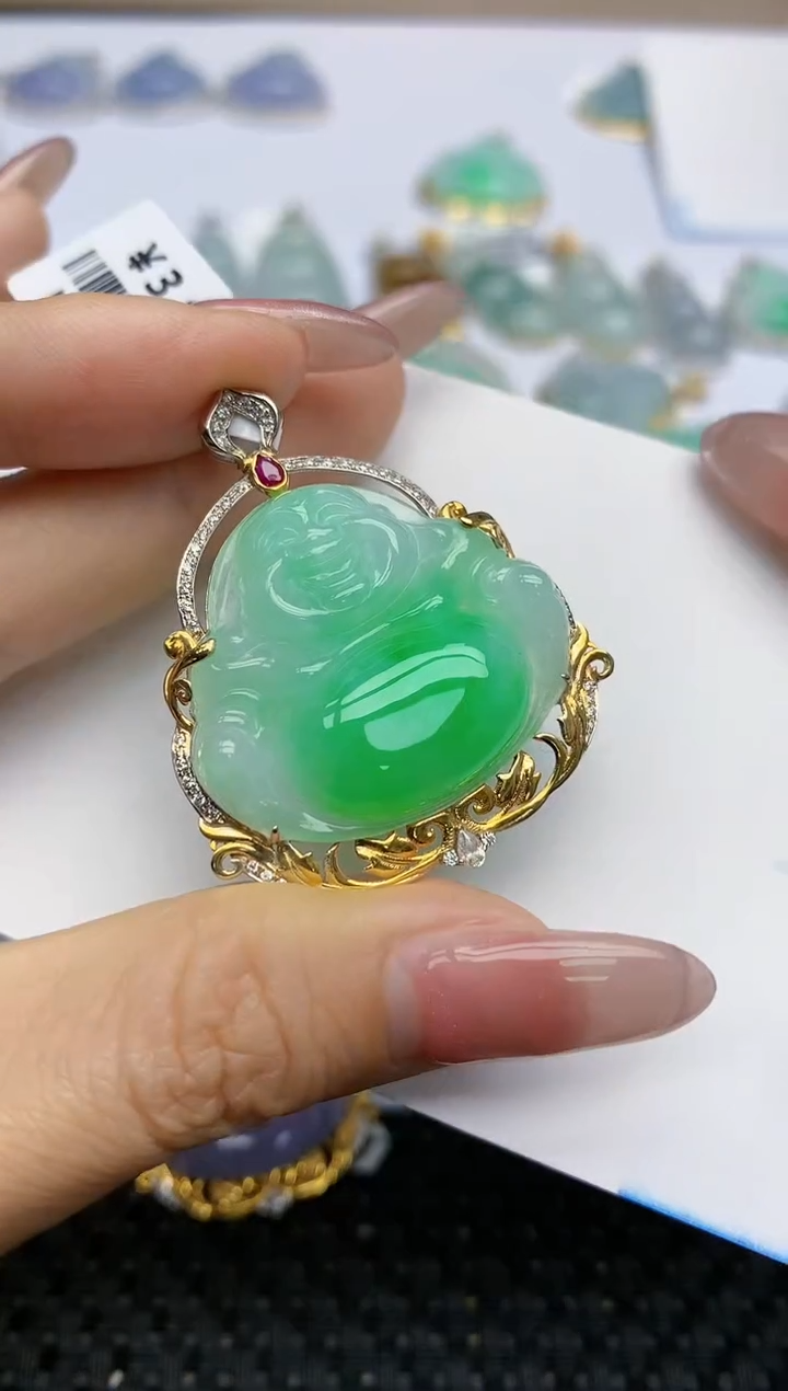 【闪购商品】翡翠挂件18K金镶嵌天然翡翠A货53