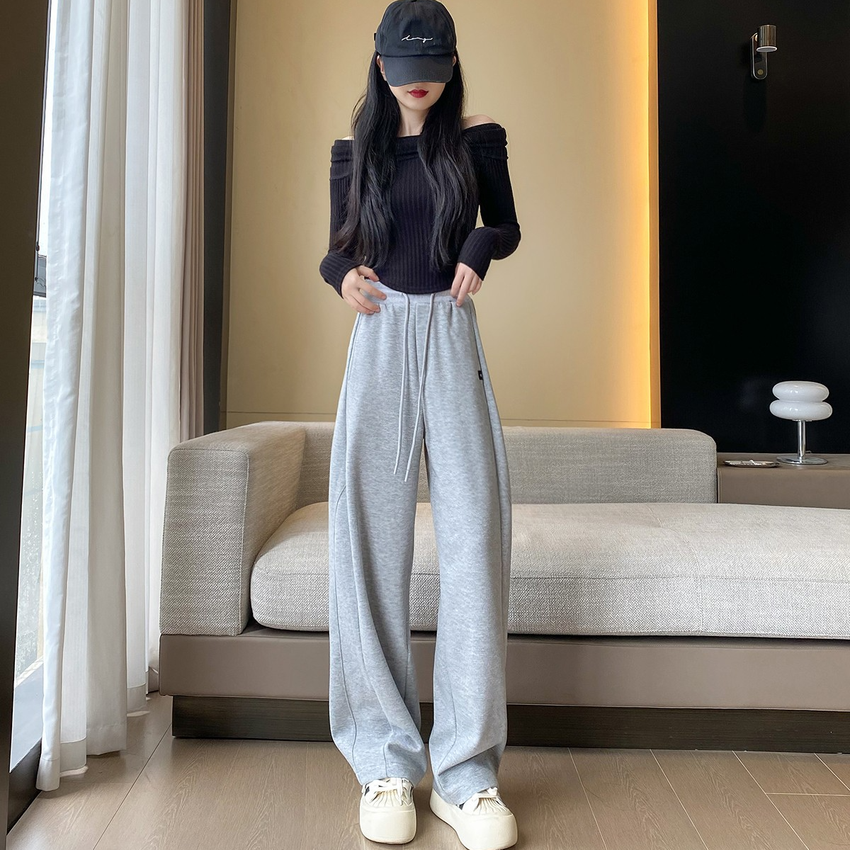 灰色休闲卫裤女2025早秋新款窄版显瘦阔腿裤高腰百搭休闲拖地裤子
