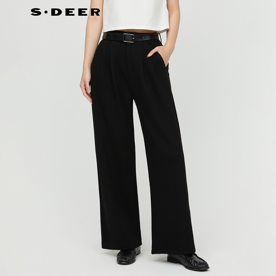 圣迪奥x高腰直筒时尚休闲百搭女士黑色简约长裤S244Z0805