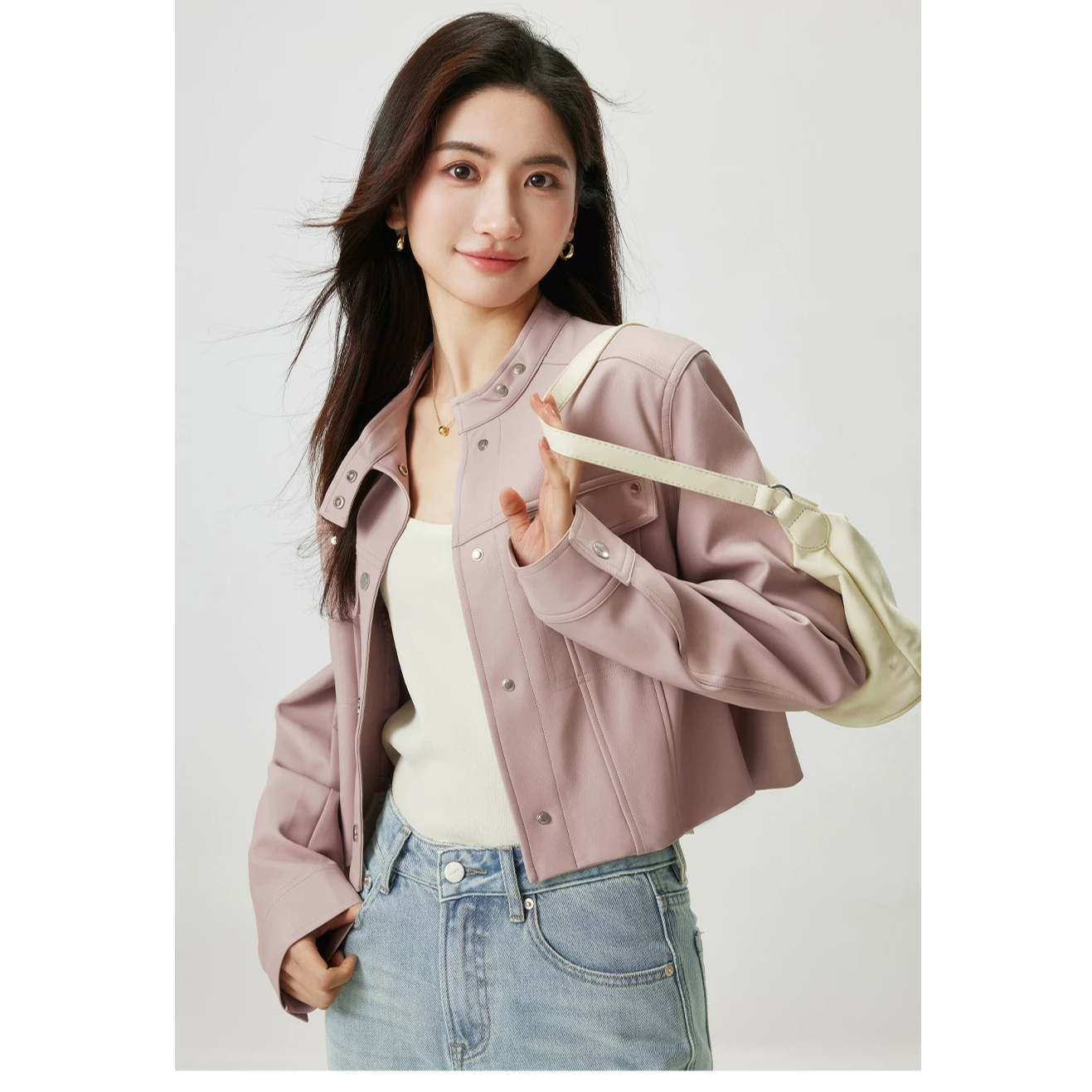 5600#粉色皮衣短外套女2025春季新款今年流行的机车皮夹克上衣