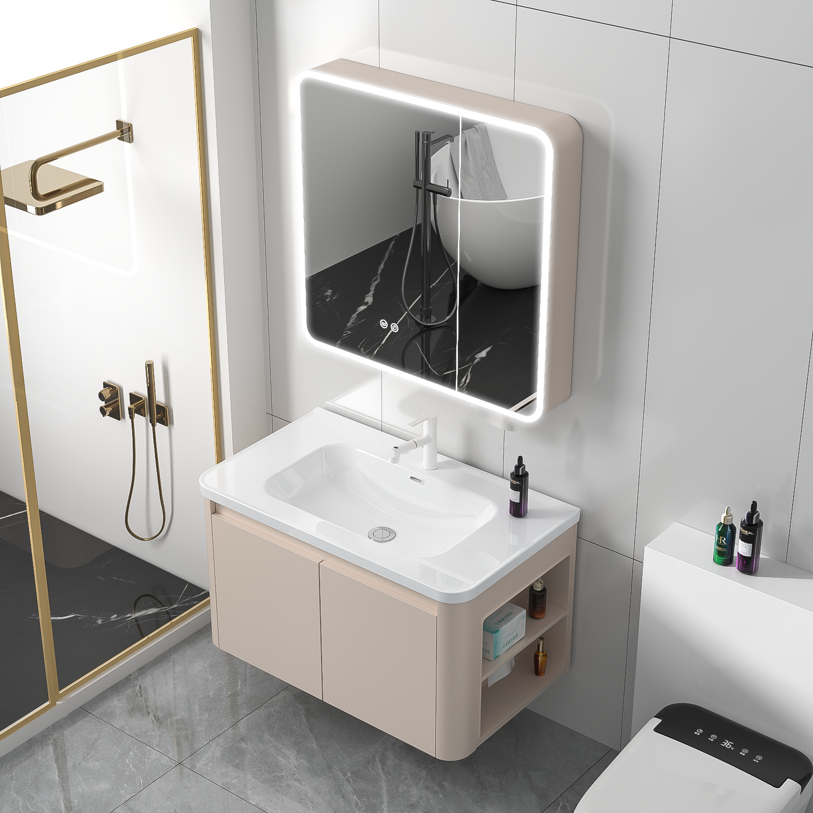 【侧边收纳柜】新款奶油风陶瓷一体盆侧边柜洗手洗漱台洗脸盆卫浴柜