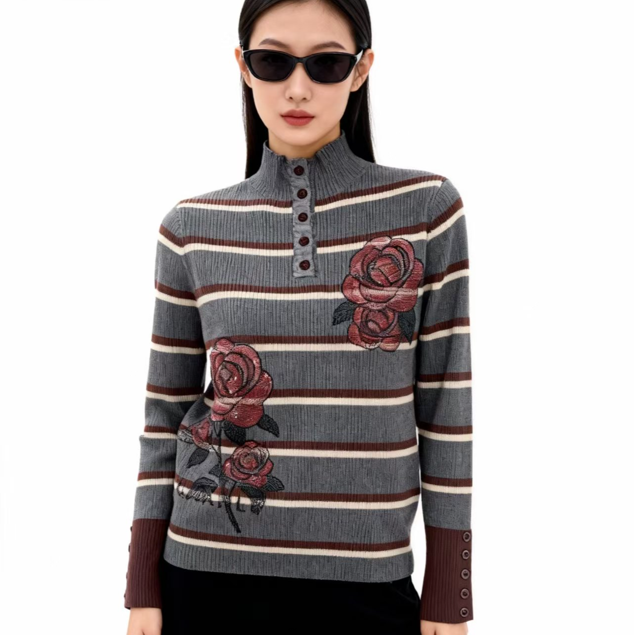 时尚花卉立领针织衫条纹百搭半高领上衣-9657-A341