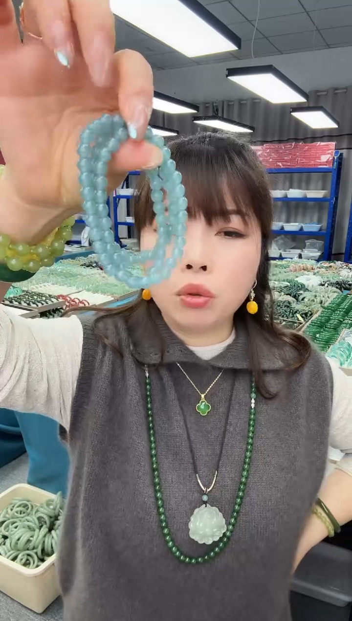 未镶嵌手链翡翠精美蓝水翡翠卡6毫米三圈手串