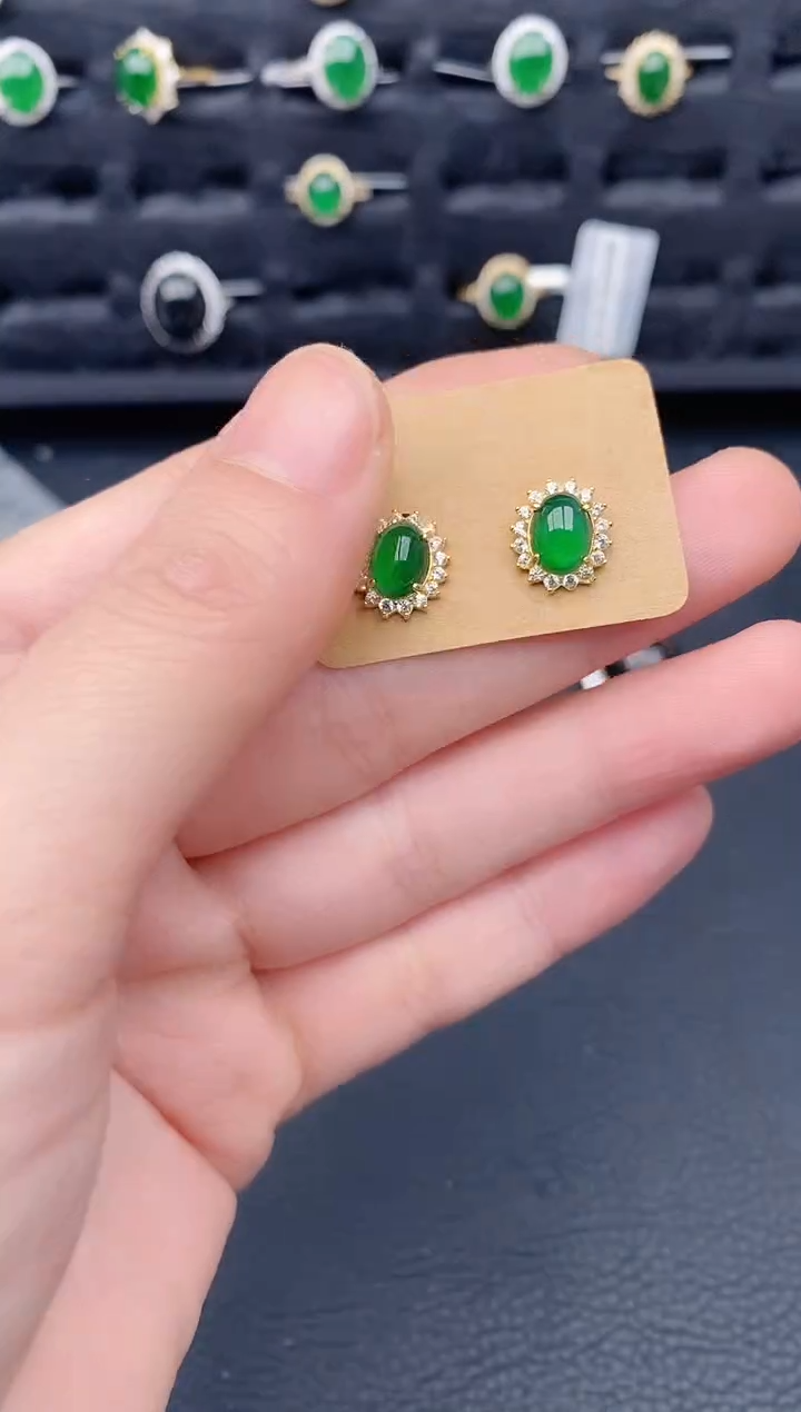 银S925镶嵌翡翠耳饰天然a货翡翠296