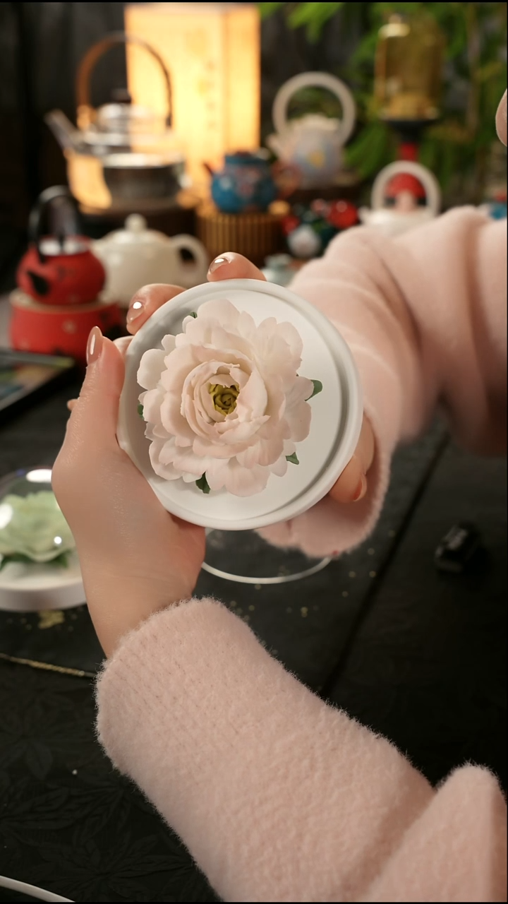 青云茶斋陶瓷茶具粉色山茶花瓷花摆件