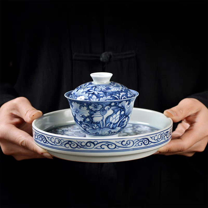 景德镇手工手作釉下彩青花瓷一鹭莲科茶具二才元宝盖碗（不带壶承）