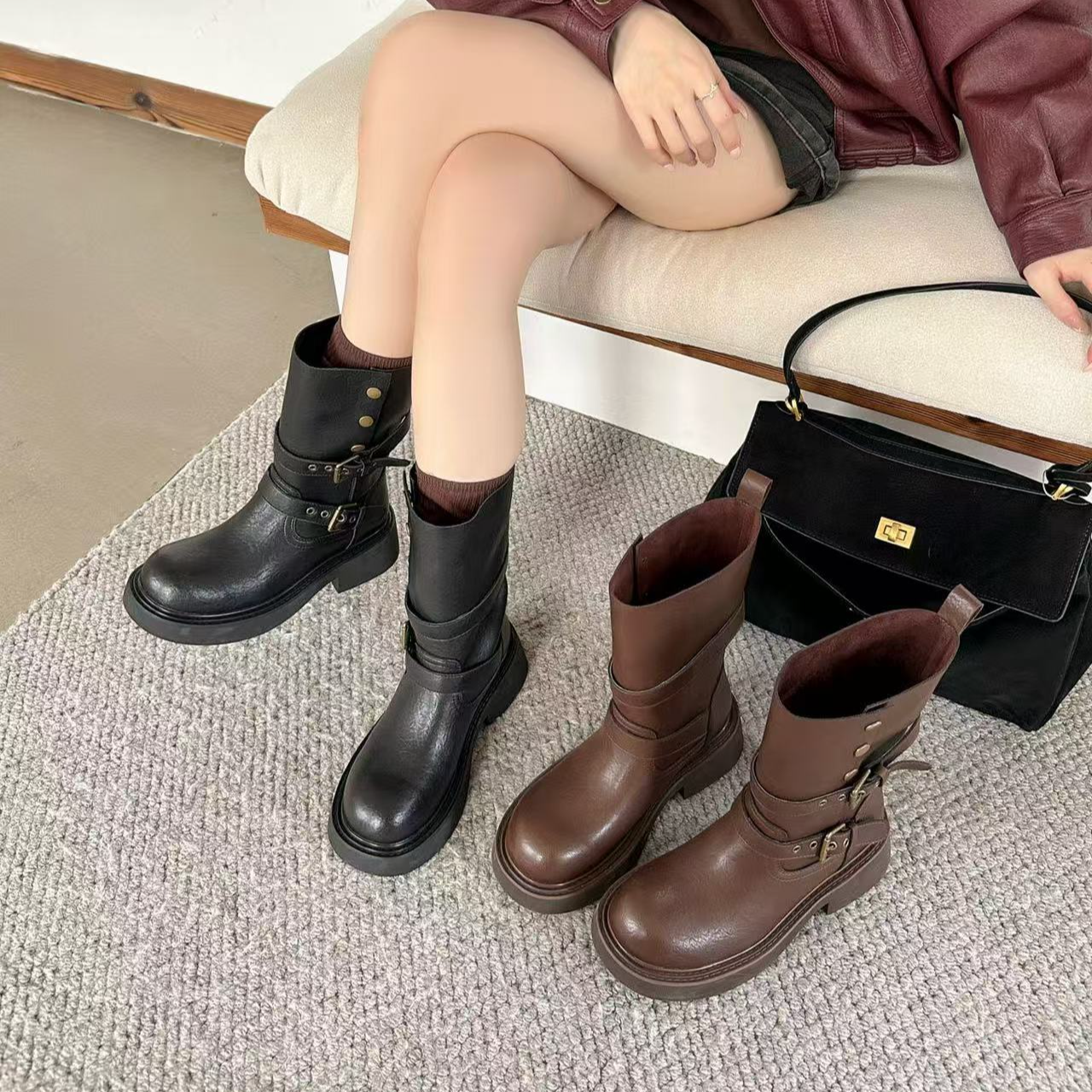 68051秋冬新款厚底马丁靴女士百搭中筒靴英伦风时装靴时尚骑士靴
