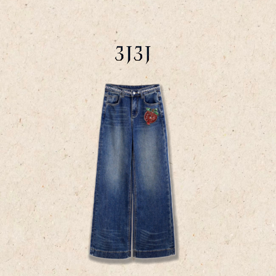 【烫钻石榴】水洗蓝加绒编织高腰时尚直筒冬季牛仔裤A051320