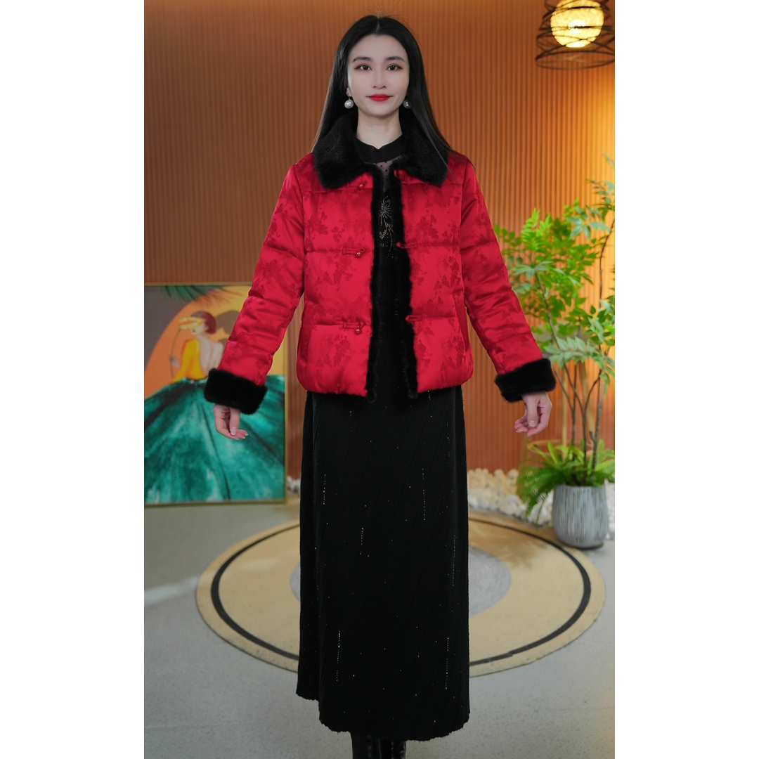 A05冬季新款国风绵羊毛妈妈装提花加厚棉服时尚气质短款保暖棉衣