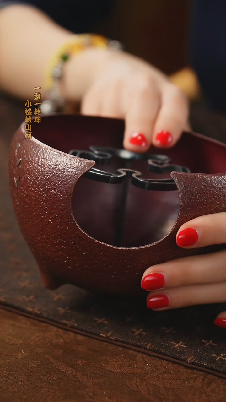 【铜小楼】三足紫铜温茶炉裂痕锔钉