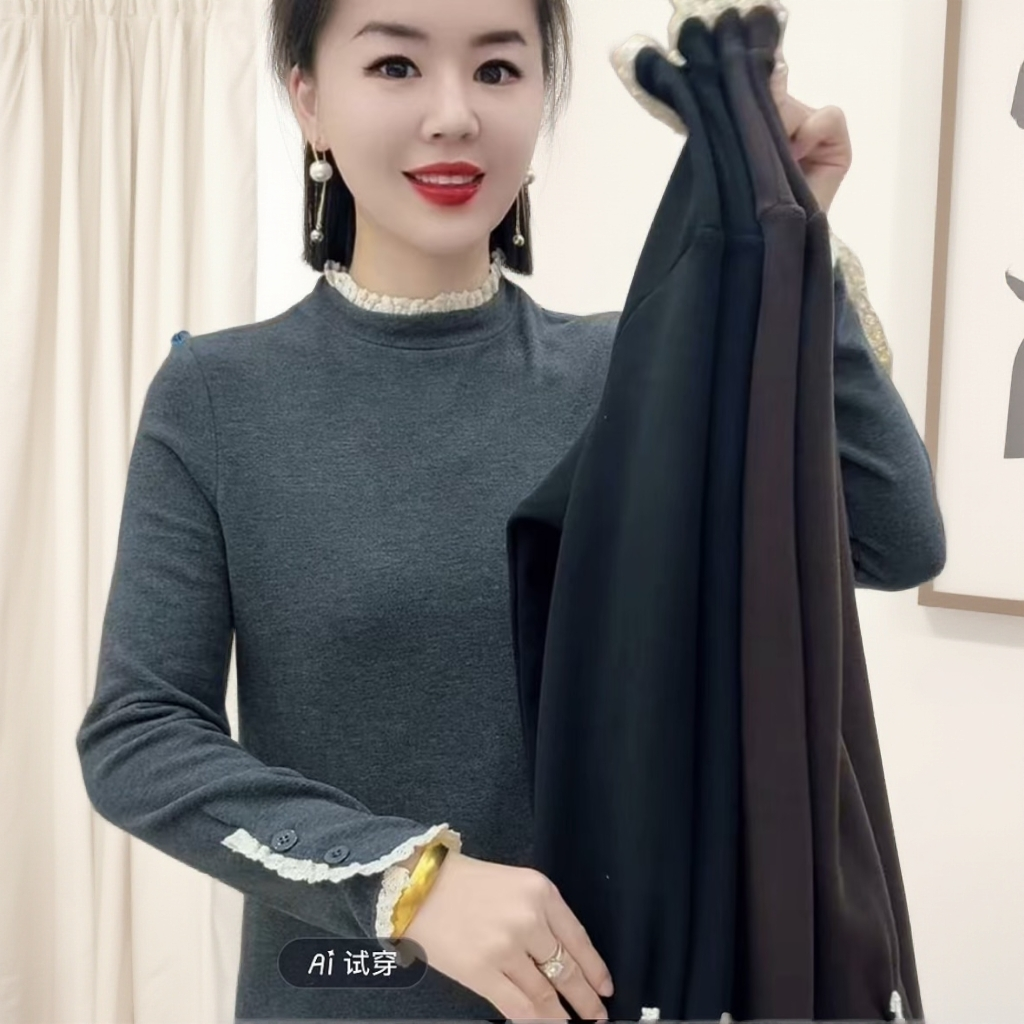 《1002》冬季新款百搭时尚长袖花边中长款加绒大衫打底秋冬上衣长袖