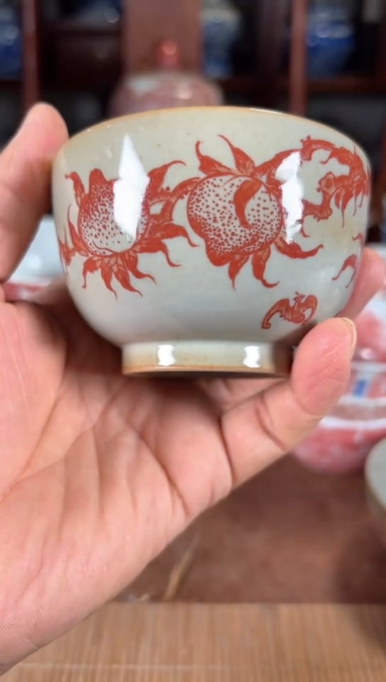 柴窑釉里红九桃五福杯杯