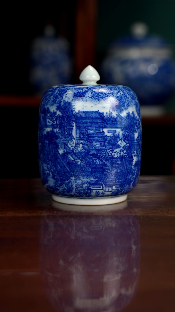 自成堂柴窑青花阿房宫茶叶罐