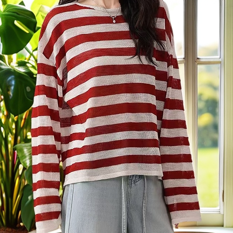 7556撞色条纹圆领长袖针织衫女宽松软糯百搭上衣