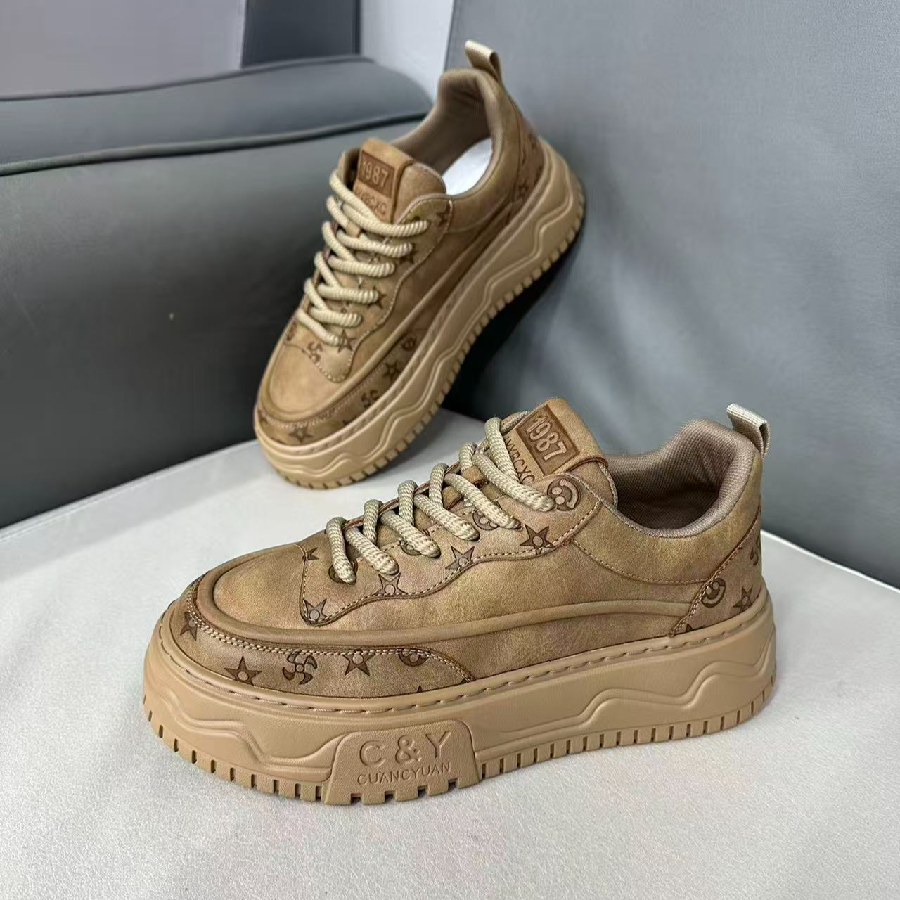 【FR3】潮流男士复古风厚底印花时尚增高百搭休闲板鞋春季潮鞋潮流