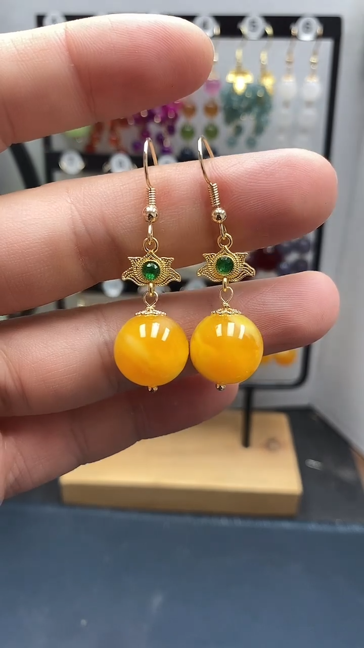 蜜蜡银S925镀金镶嵌耳饰尺寸14mmQ5