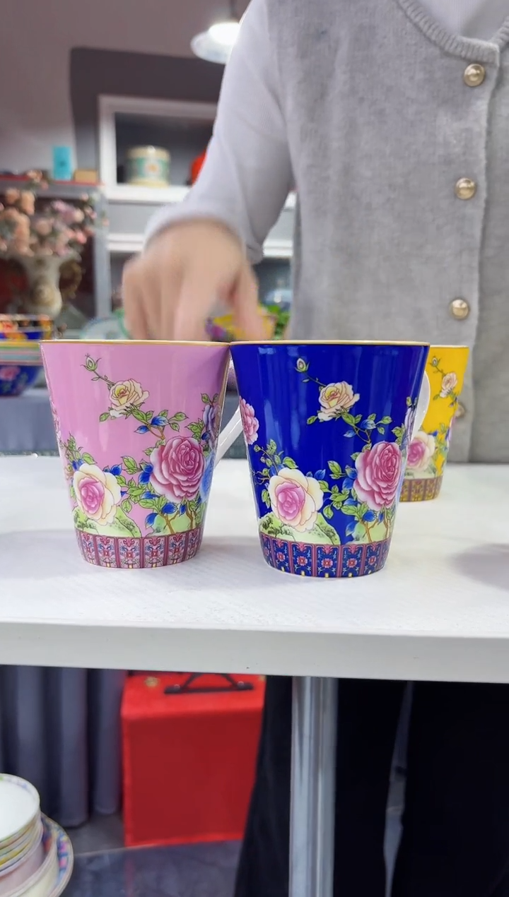 珐琅  牡丹花卉水杯2只装景德镇   