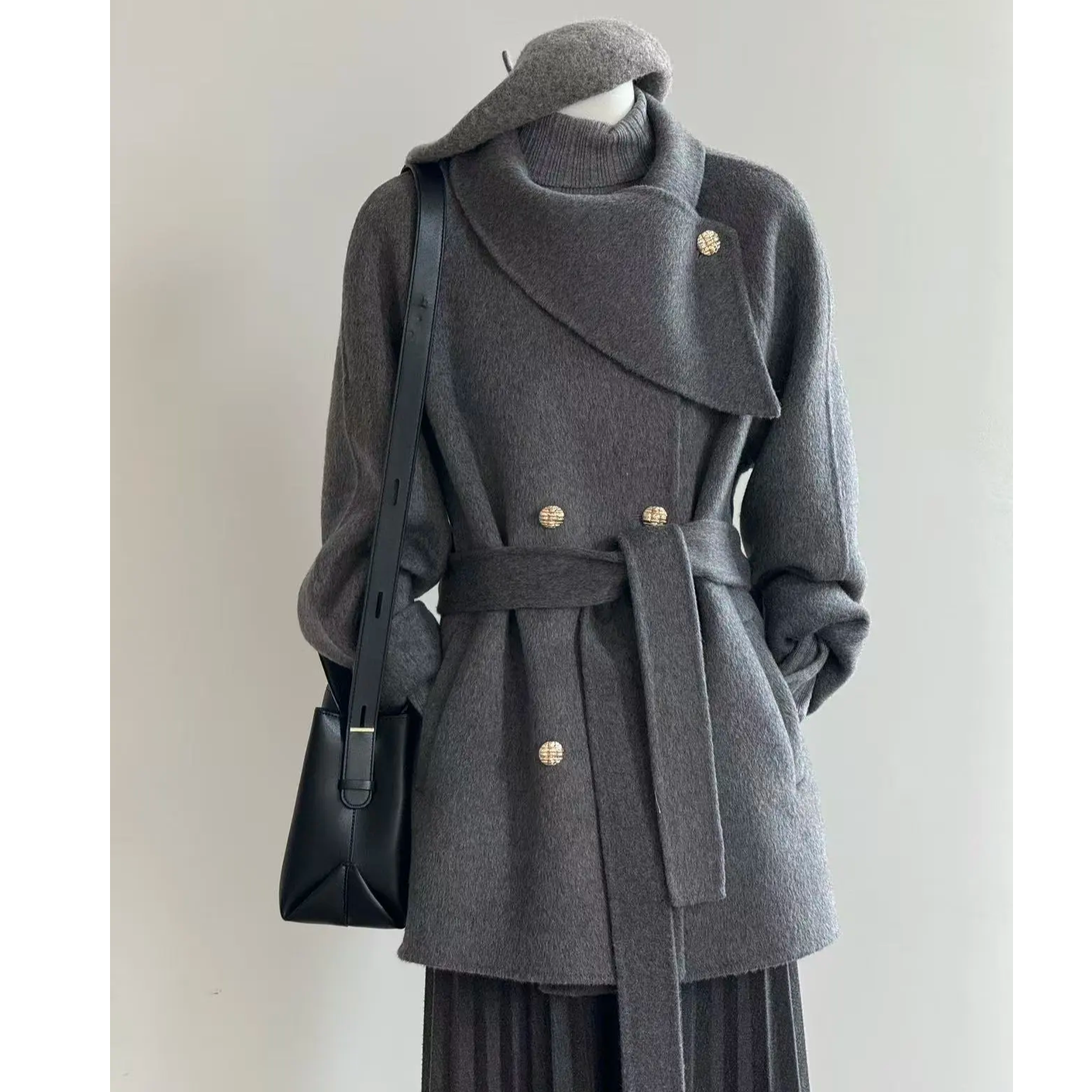 2025秋冬韩版双面羊毛大衣女气质灰色围巾领中长款羊毛呢子外套女