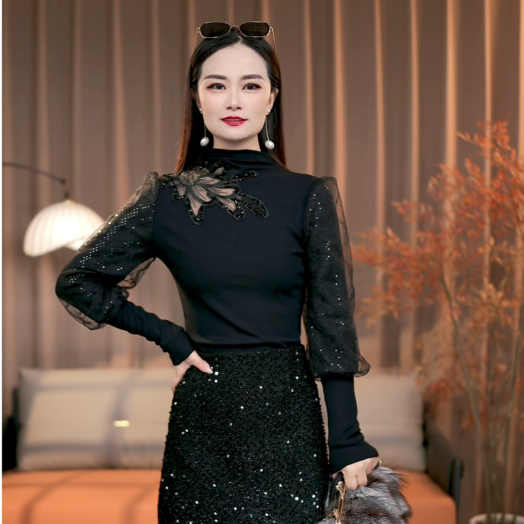 亮片显瘦气质网红牡丹花长袖拼接磨毛纯色T恤时尚冬季加绒秋冬