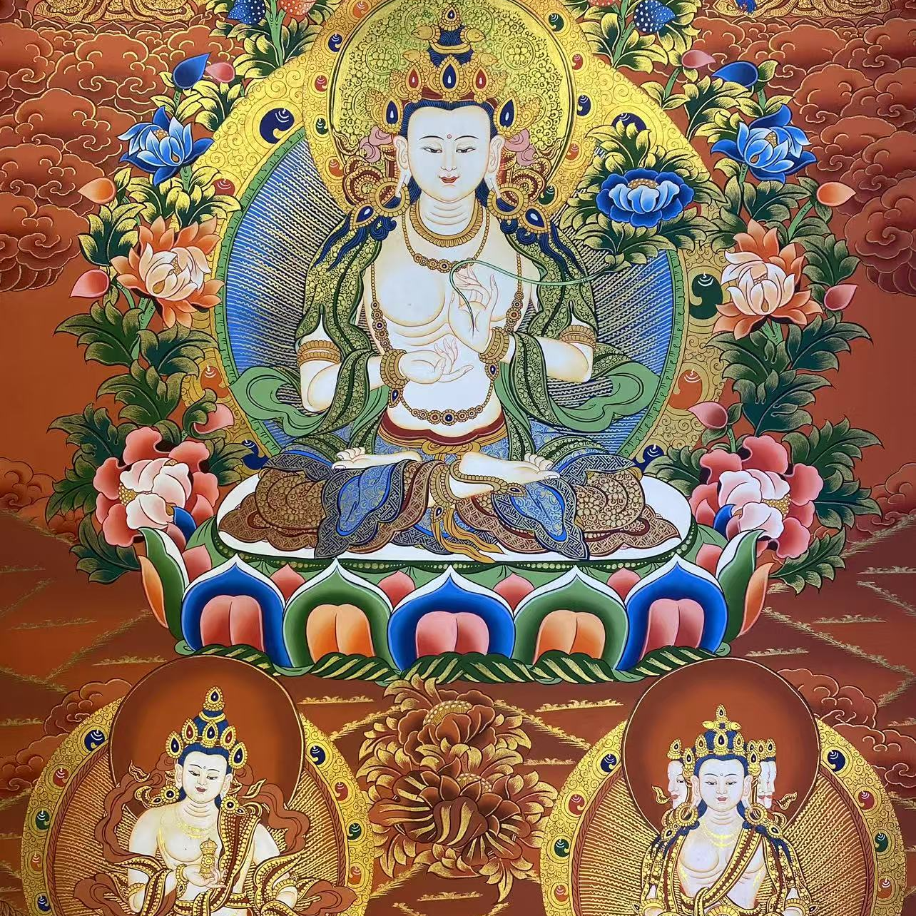 精品矿料红唐卡带彩大势至菩萨尺寸75*50尼泊尔喇嘛纯手绘