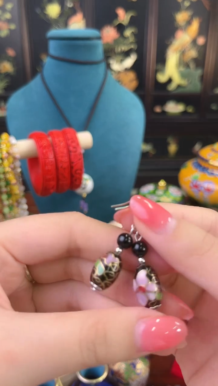 非遗手工景泰蓝耳环枣珠 黑