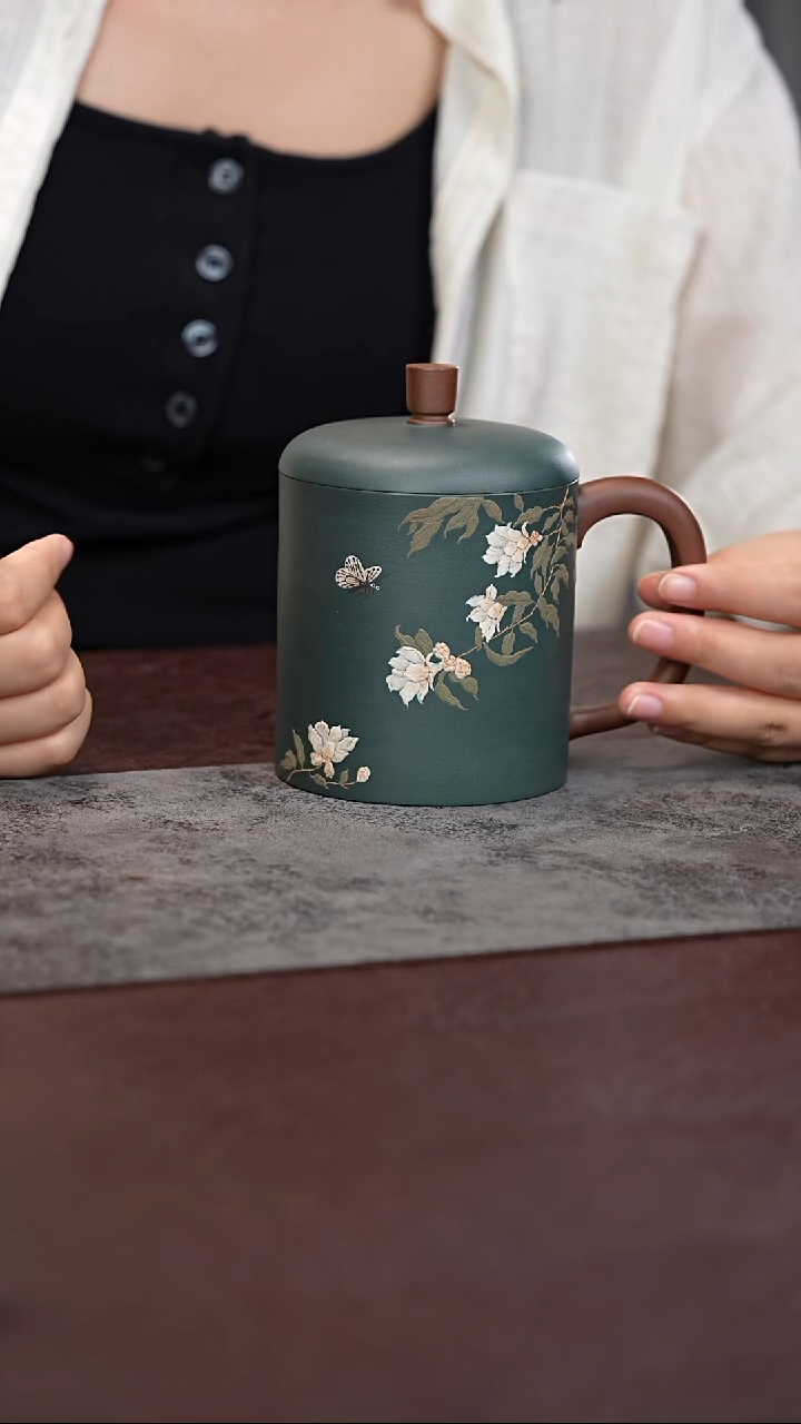 茶杯紫砂双色粉浆 泥绘蝶恋花 盖杯