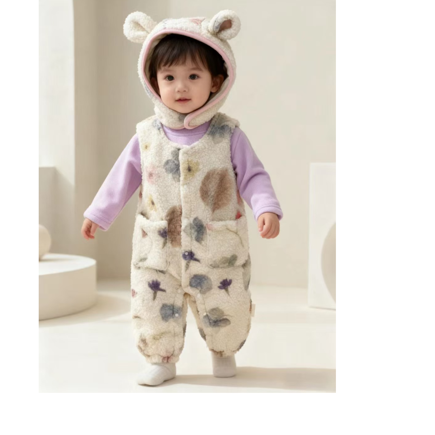 新款婴幼儿宝宝冬款可爱时髦洋气连帽背带裤分体两件套