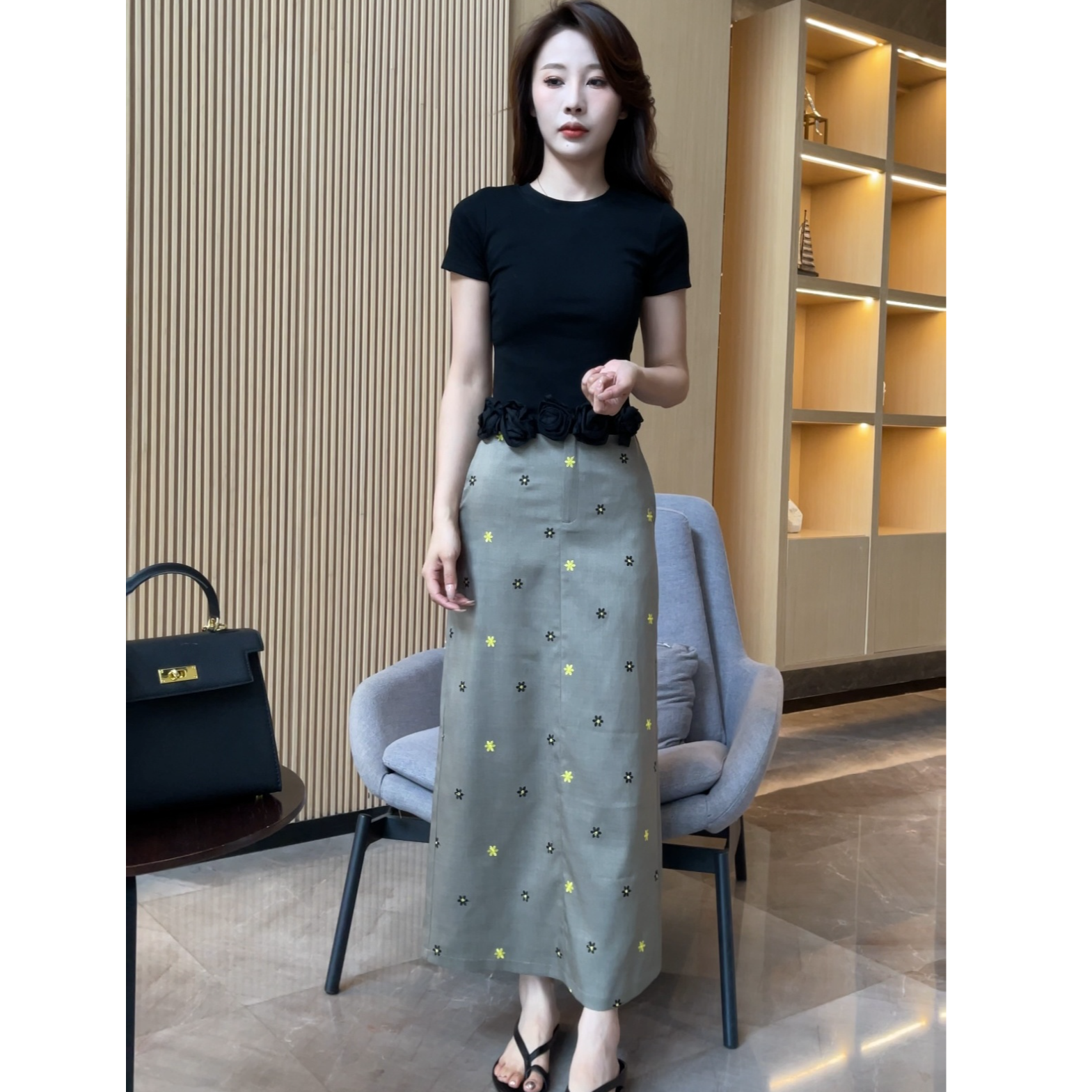 【梦婷家】高级感重工碎花刺绣半身裙印花显瘦洋气夏季轻熟-25702