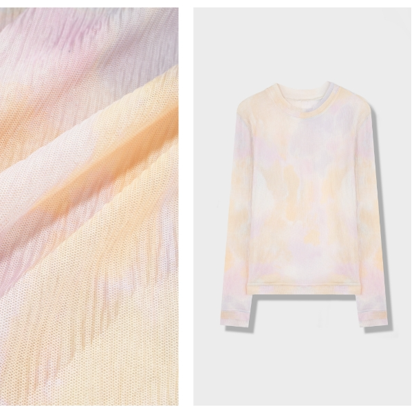 AJ-25-01008【画廊女孩】彩色晕染印花压皱网纱打底衫T恤女装