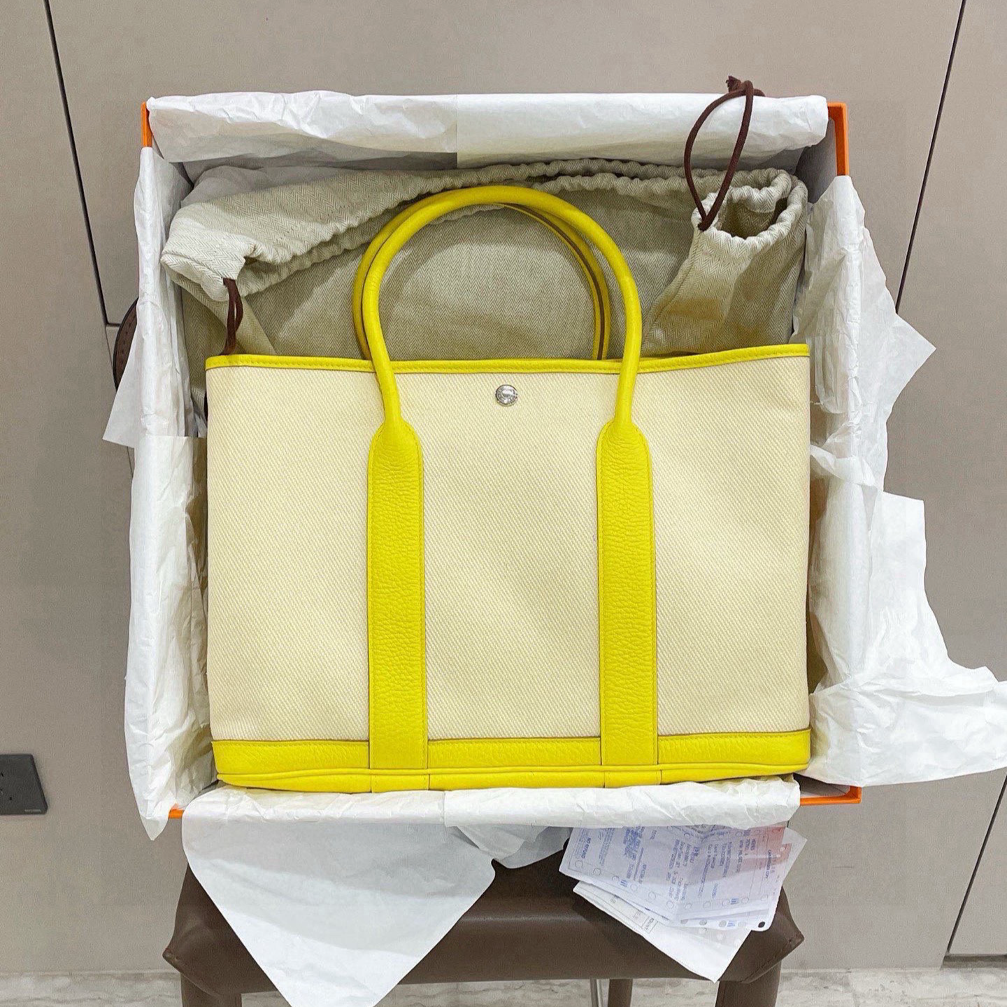 95新 Hermes/爱马仕 partygarden帆布拼皮柠檬黄银手提包36Ｙ刻