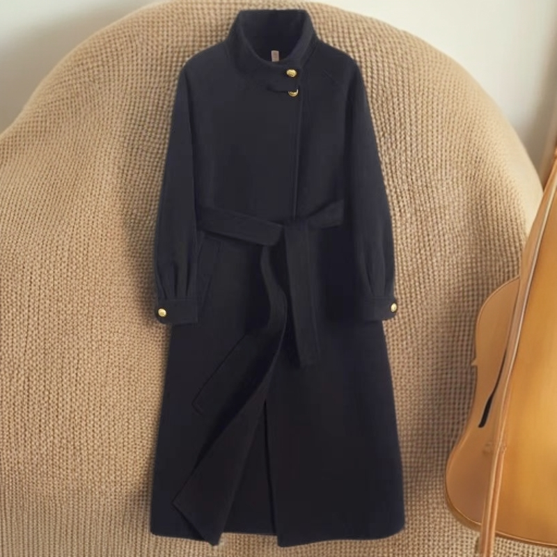 复古羊毛系带大衣女士秋冬中长款毛呢外套女设计师气质黑色时尚
