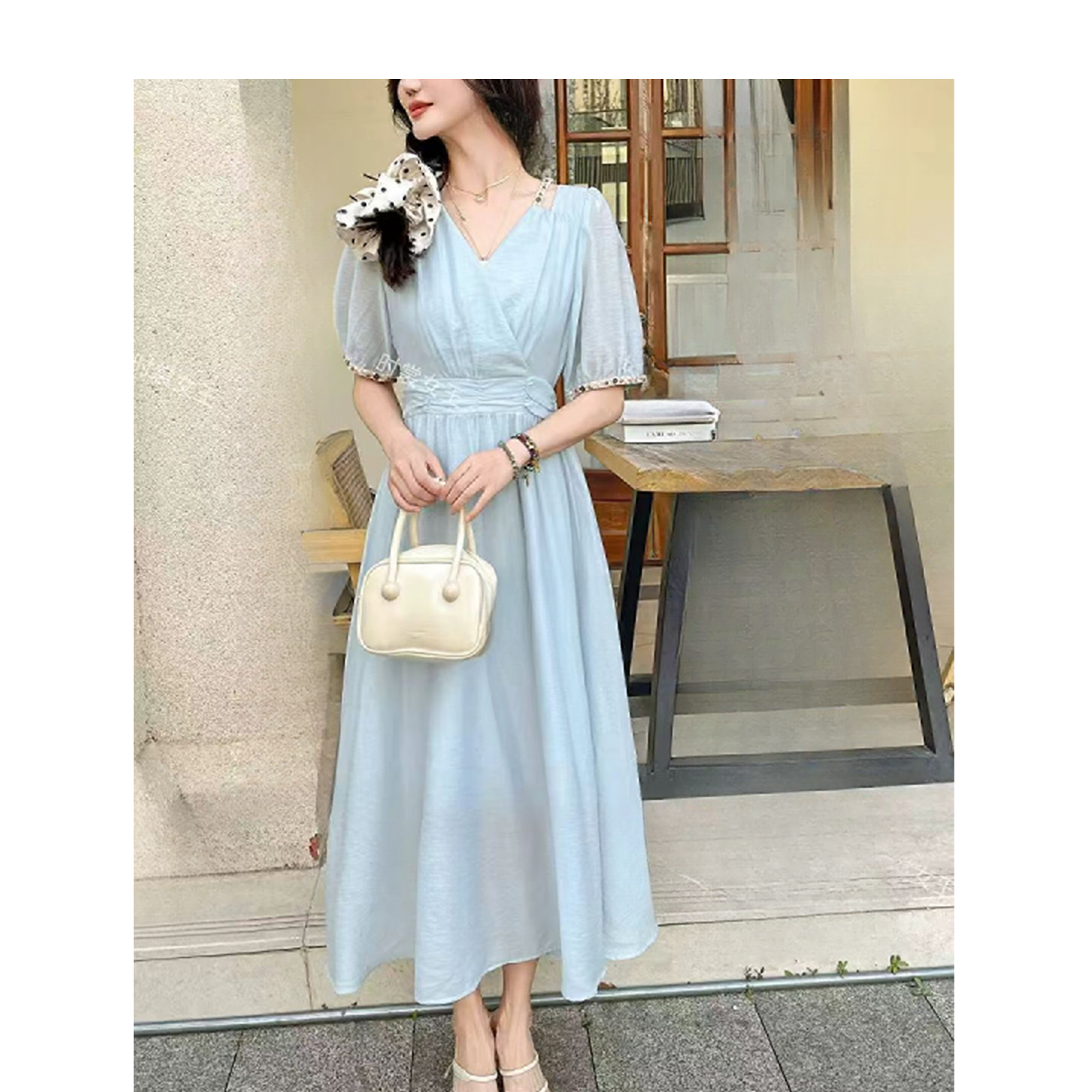 气质法式v领连衣裙夏2025新款海边度假半袖收腰沙滩长裙HJ-1864