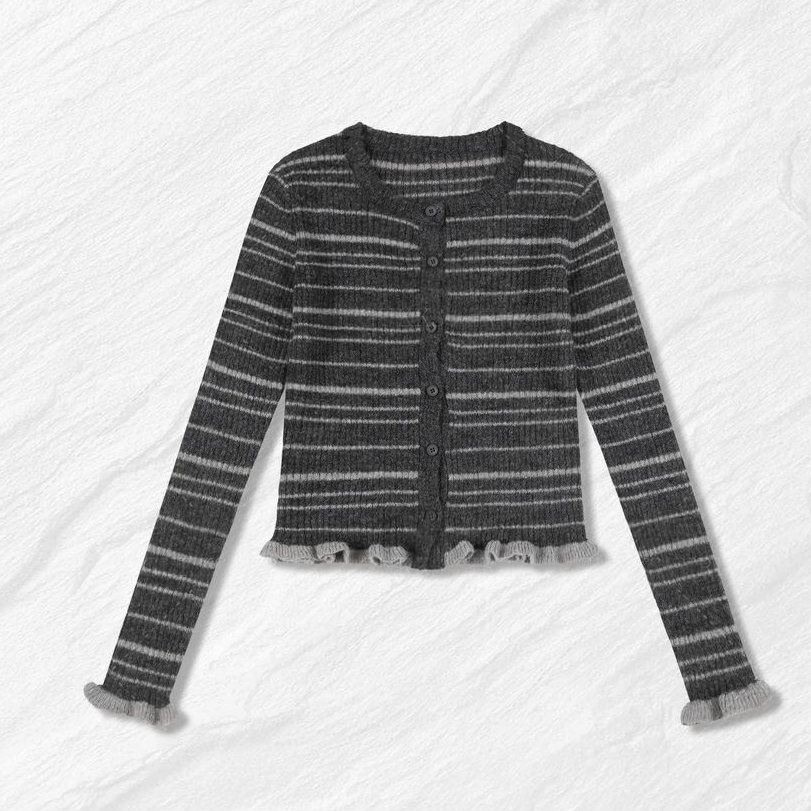 法式复古慵懒风毛衣针织衫条纹小香风开衫毛衣女设计感上衣H9-27