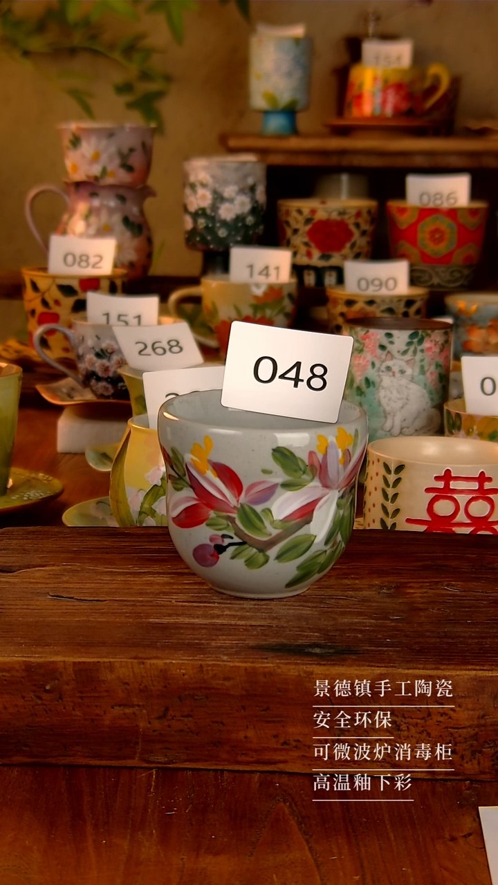 杯子048景德镇手绘釉下彩陶瓷杯子300ML