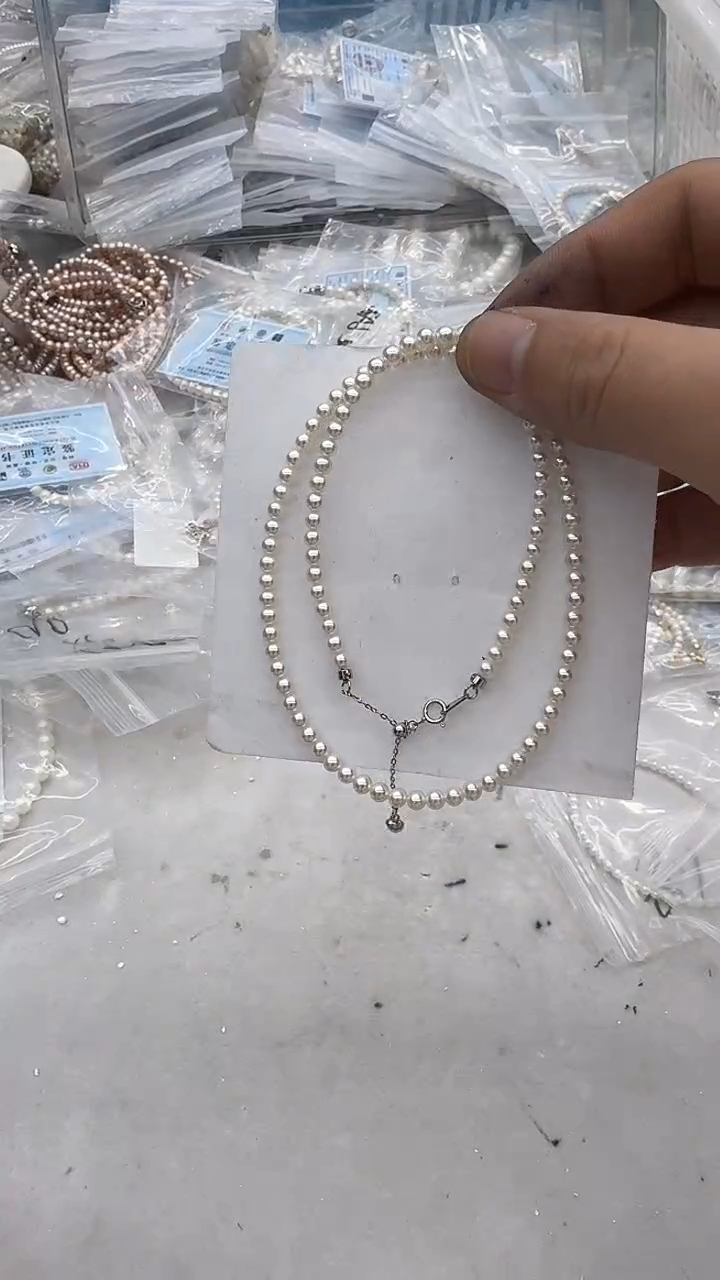 项链银S925镶嵌淡水珍珠3-4mm 爱心尾链5A