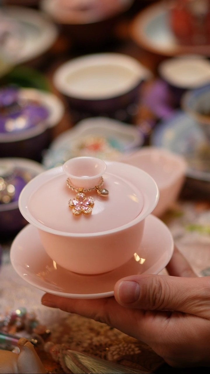 【闪购商品】粉冰种三才盖碗+提溜