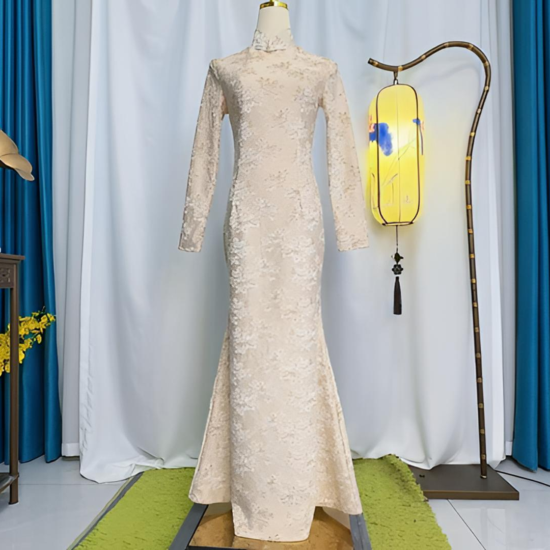 Q01缘织裳旗袍原创自制丝绒压花面料中长款时尚优雅气质鱼尾裙