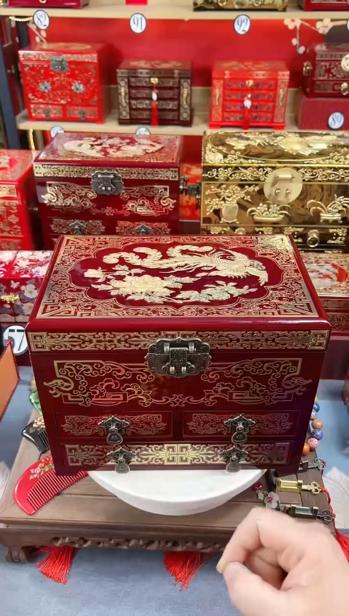 【闪购商品】28厘米新款四层三抽掐丝螺钿酒红凤凰牡丹