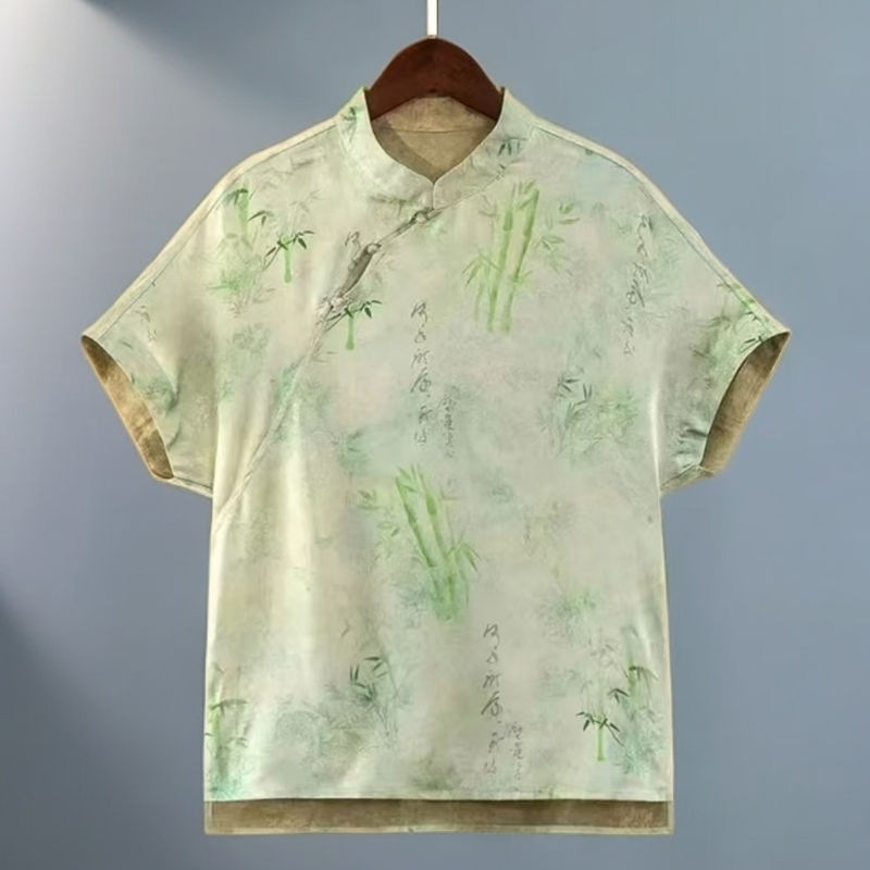 544【竹青】夏季两面穿国风时尚女装新中式立领气质百搭减龄短袖