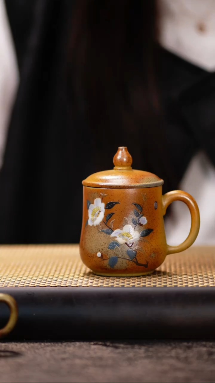 24小鱼柴烧山茶花盖杯