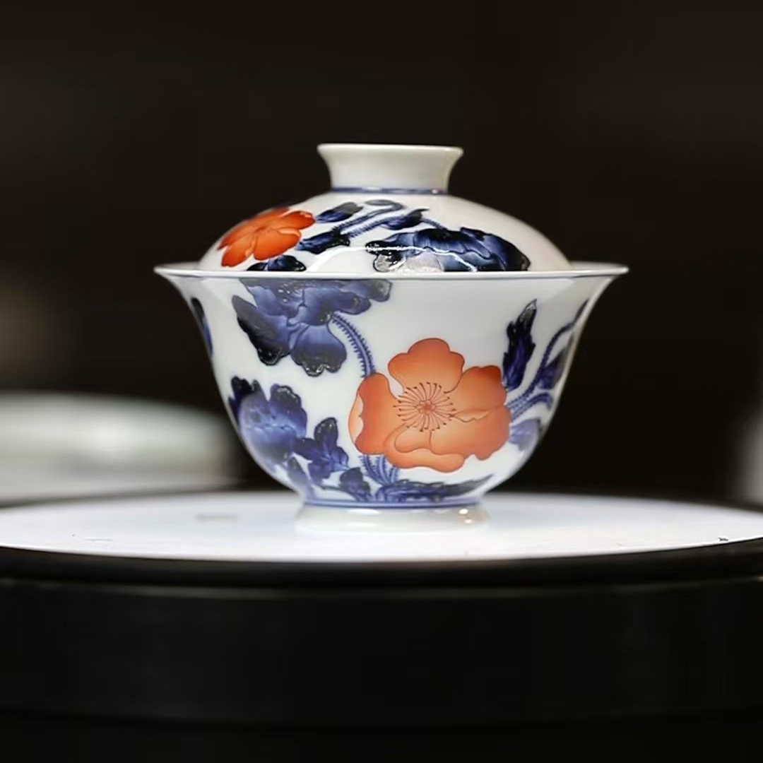 12.31a/M2B9/陶瓷矾红青花山茶花盖碗