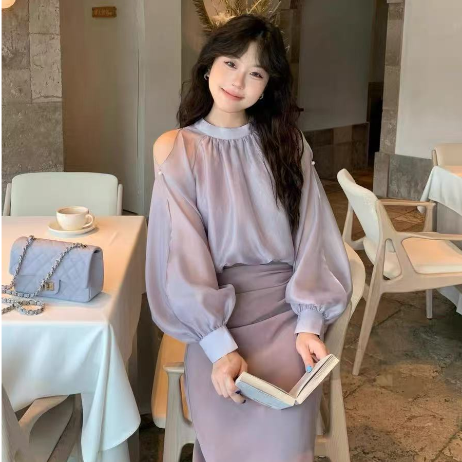 法式灯笼袖粉色立领衬衫女春秋高级感宽松显瘦衬衣温柔风气质上衣
